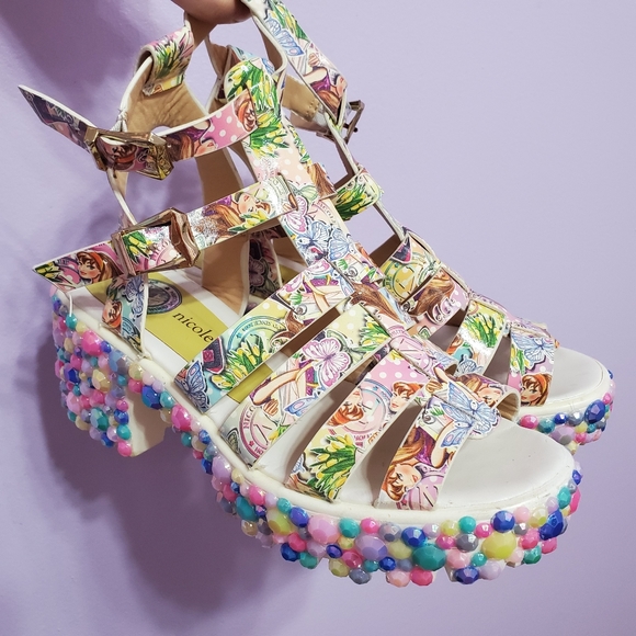 RARE Y2k Bejeweled Kawaii Pastel Nicole Lee Sandal Block Heels - Picture 7 of 10